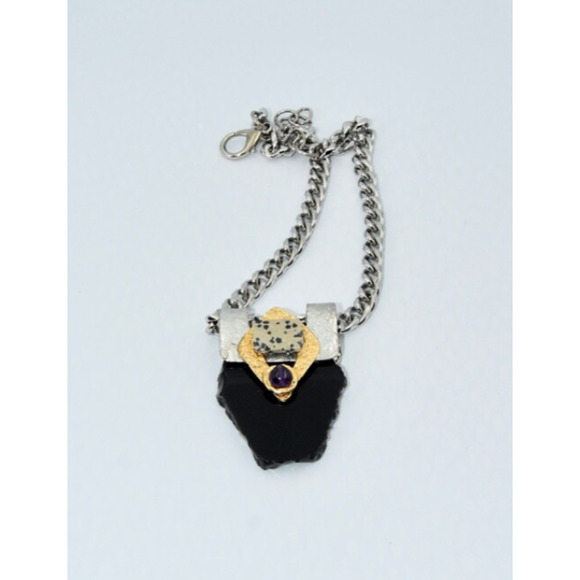 J Jansen Brutalist Onyx Gold & Silver Plated Austrian Crystal Statement Necklace - Picture 3 of 6